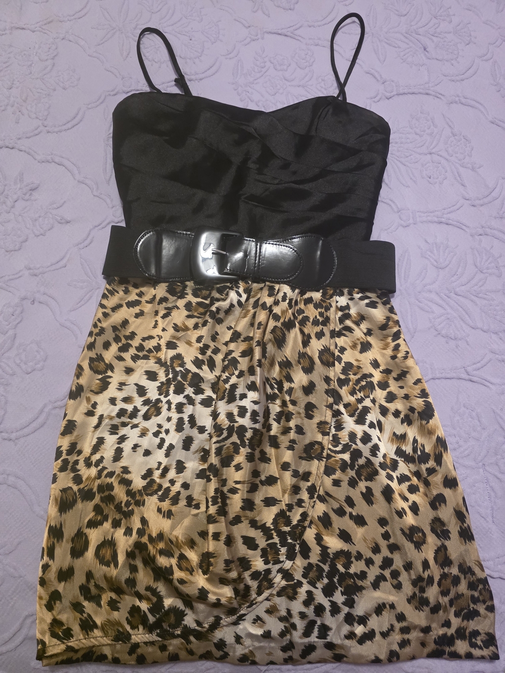 Black & Leopard Print Spaghetti-Strap Dress